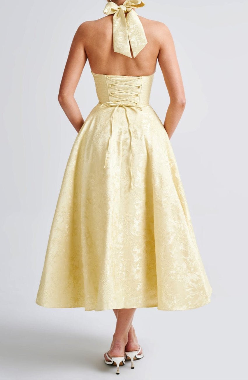 Women's Midi Dress — Halter Plunge Front Floral Jacquard Detail - Hudson Harper - Women Midi Dress