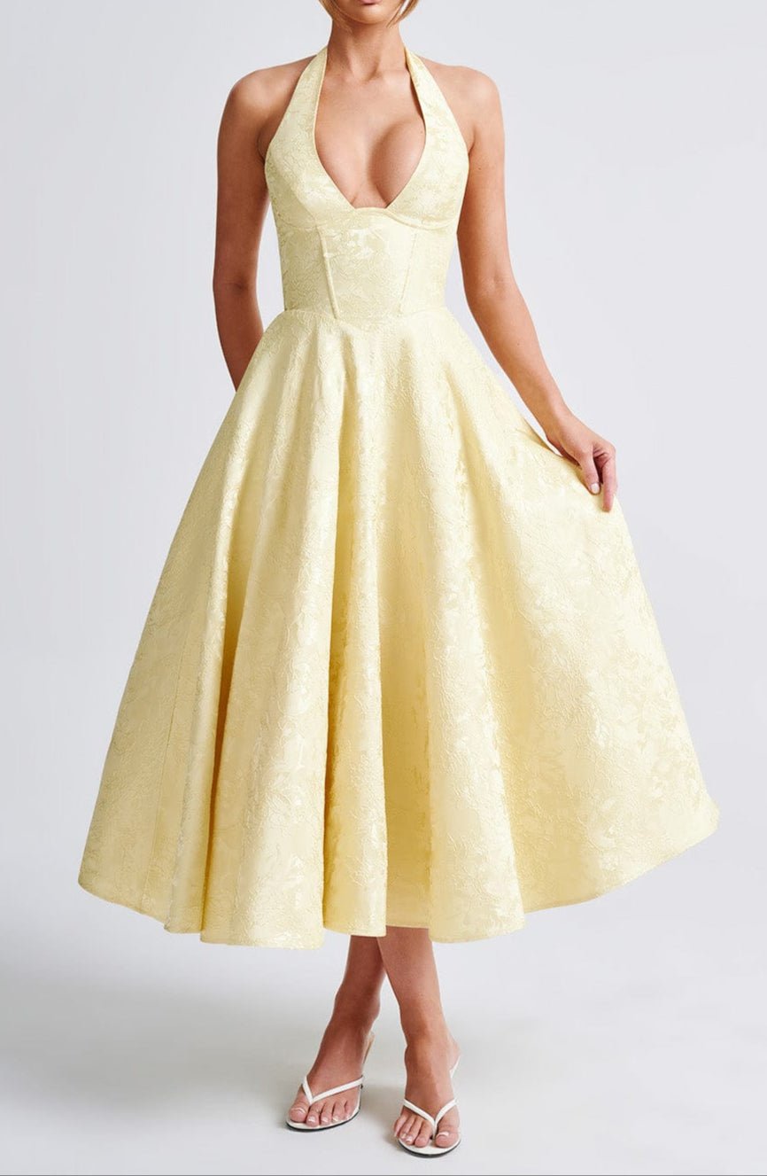Women's Midi Dress — Halter Plunge Front Floral Jacquard Detail - Hudson Harper - Women Midi Dress