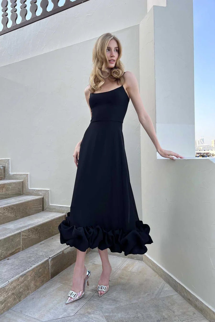 Women's Midi Dress — One Shoulder Ruffle Hem Fitted Design - Hudson Harper - Women Midi Dress