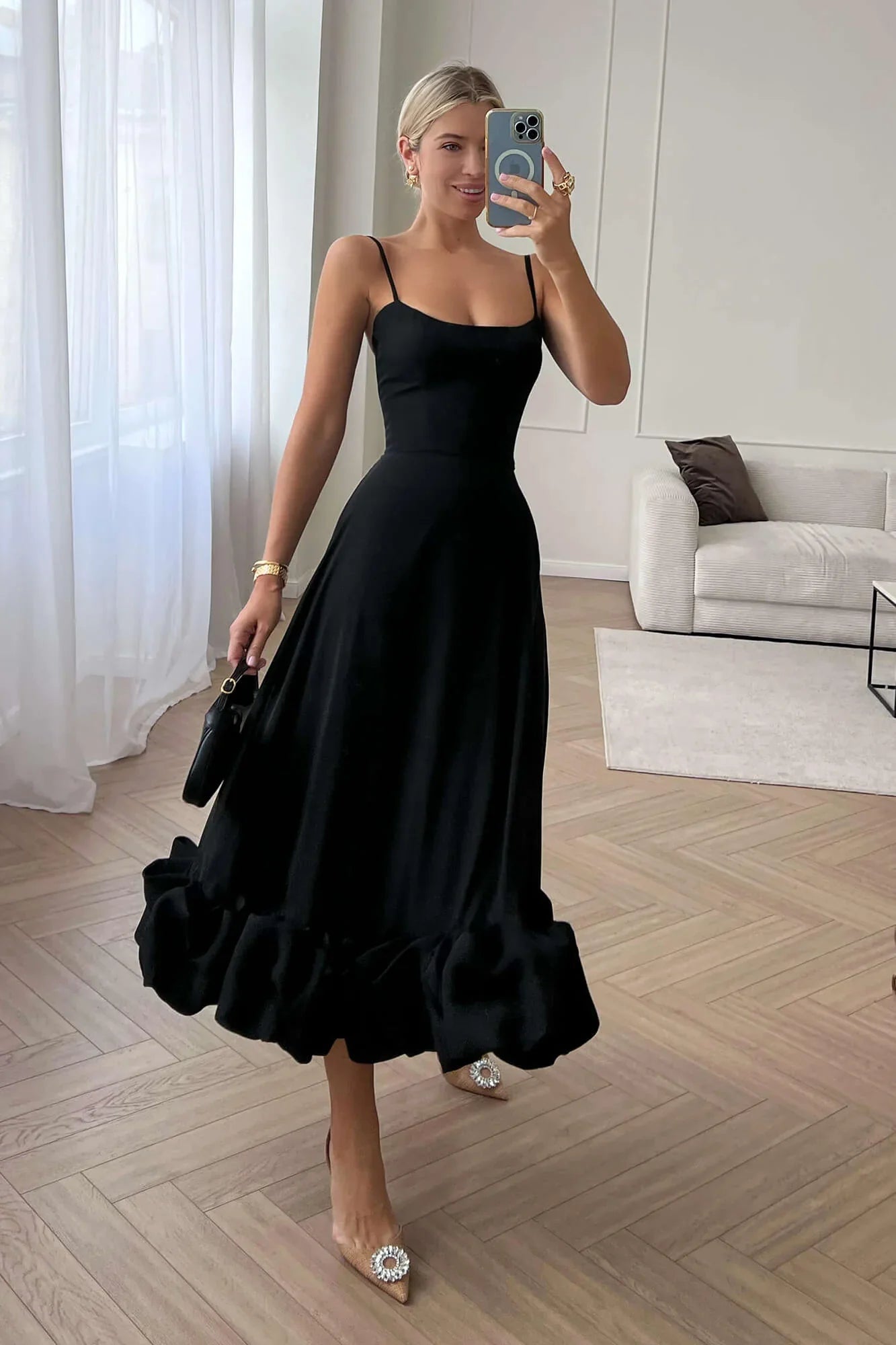 Women's Midi Dress — One Shoulder Ruffle Hem Fitted Design - Hudson Harper - Women Midi Dress