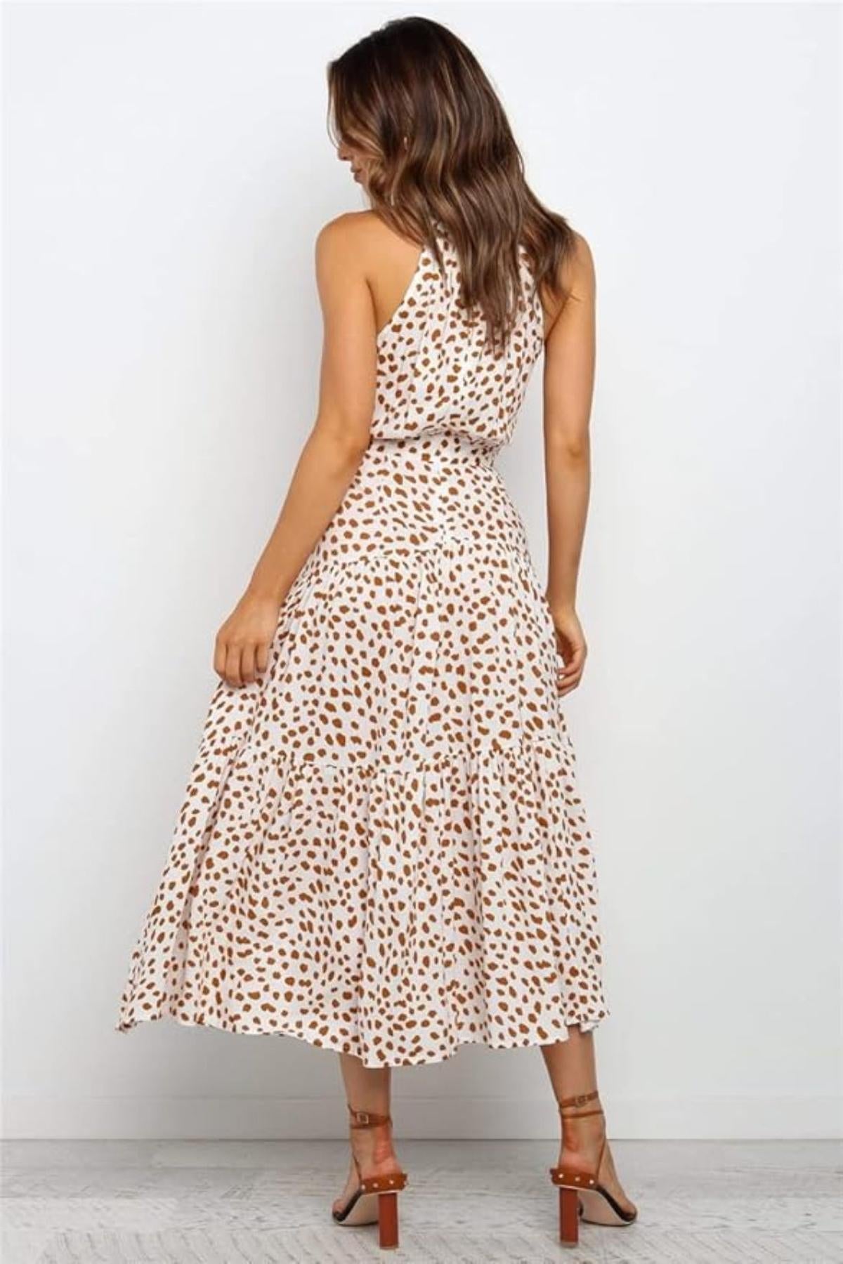 Women's Midi Dress — Polka Dot Halter Neckline Tie Waist Design - Hudson Harper - Women Midi Dress