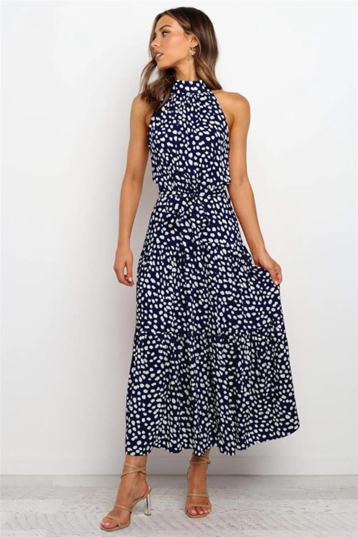 Women's Midi Dress — Polka Dot Halter Neckline Tie Waist Design - Hudson Harper - Women Midi Dress
