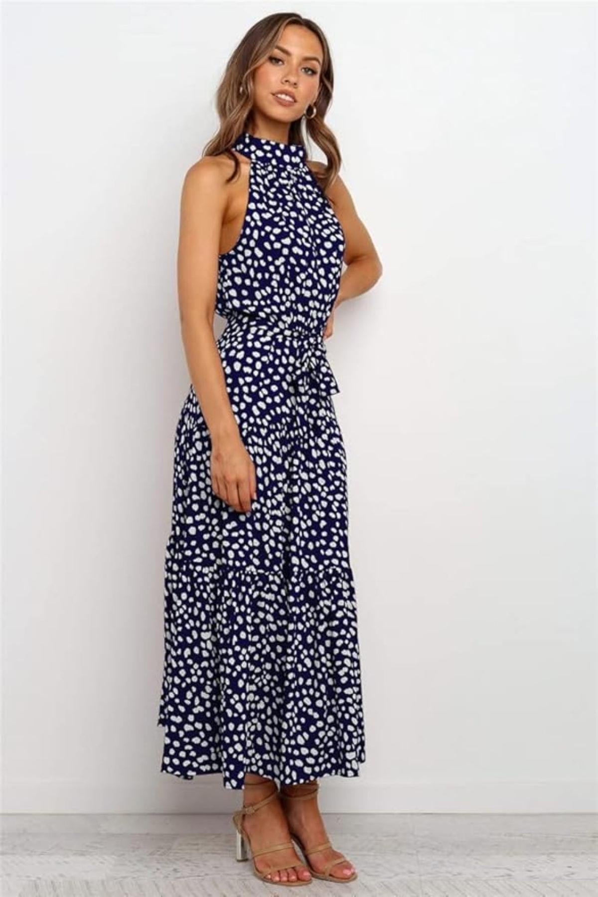 Women's Midi Dress — Polka Dot Halter Neckline Tie Waist Design - Hudson Harper - Women Midi Dress