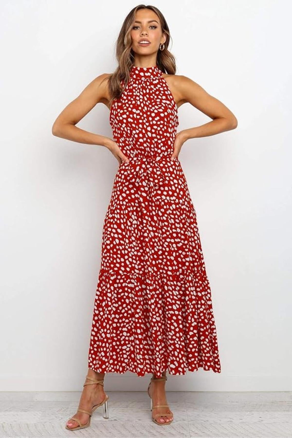 Women's Midi Dress — Polka Dot Halter Neckline Tie Waist Design - Hudson Harper - Women Midi Dress