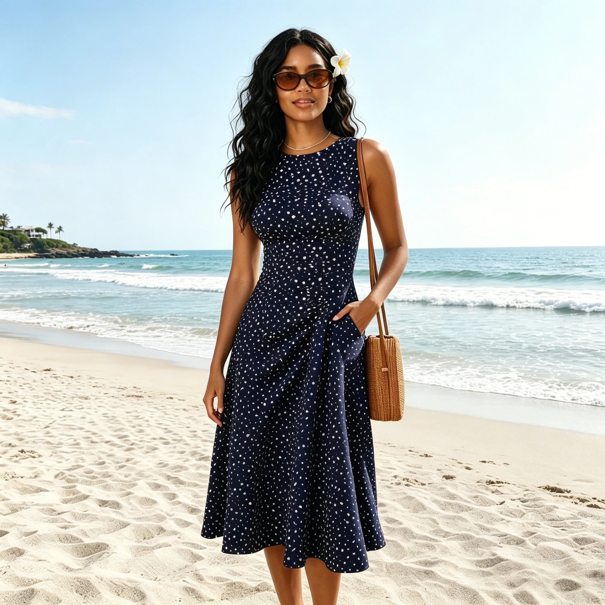 Women's Midi Dress — Sleeveless Polka Dot Fit & Flare Design - Hudson Harper - Women Midi Dress