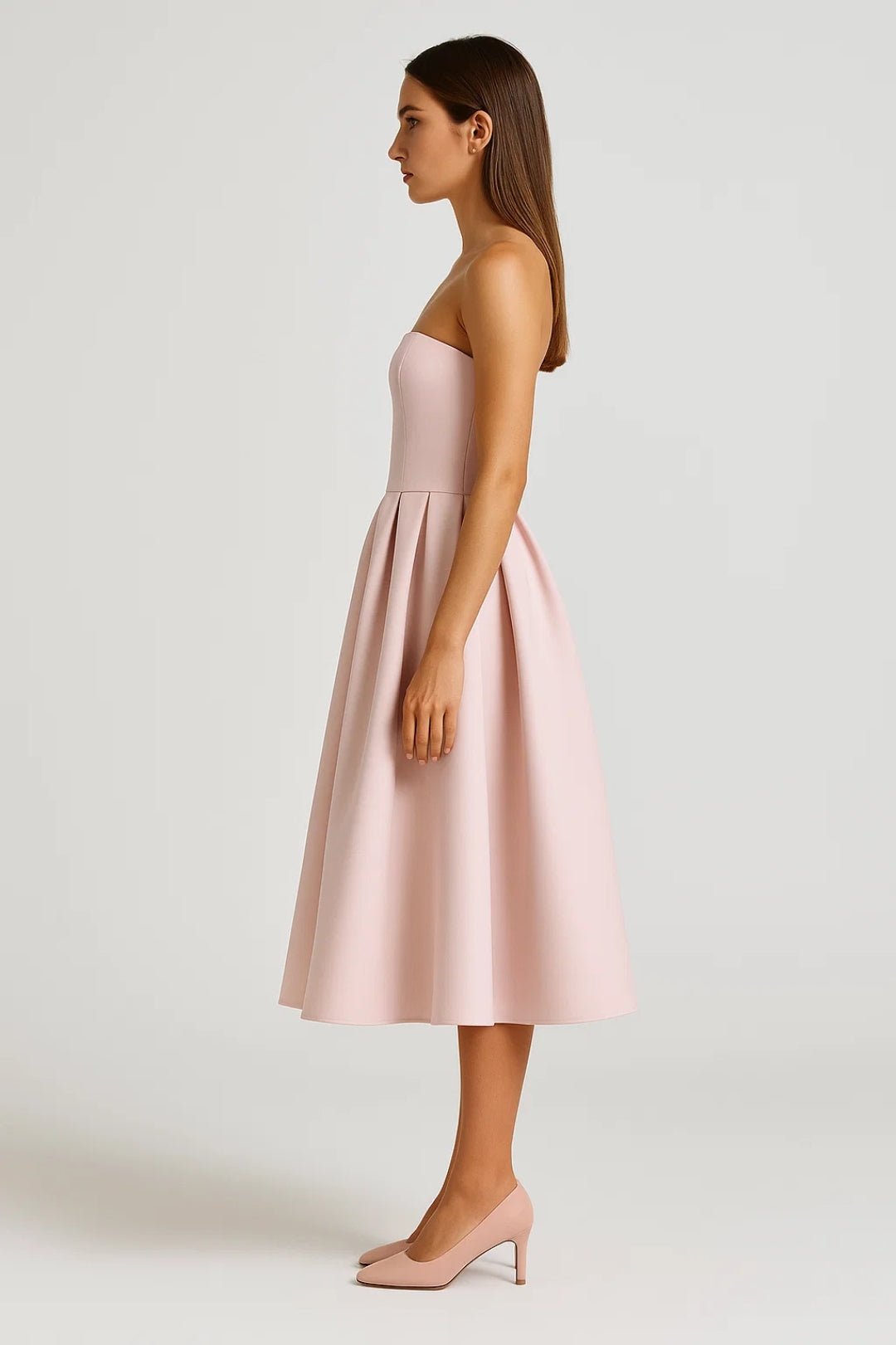 Women's Midi Dress — Strapless Fitted Bodice Flared Skirt Design - Hudson Harper - Women Midi Dress