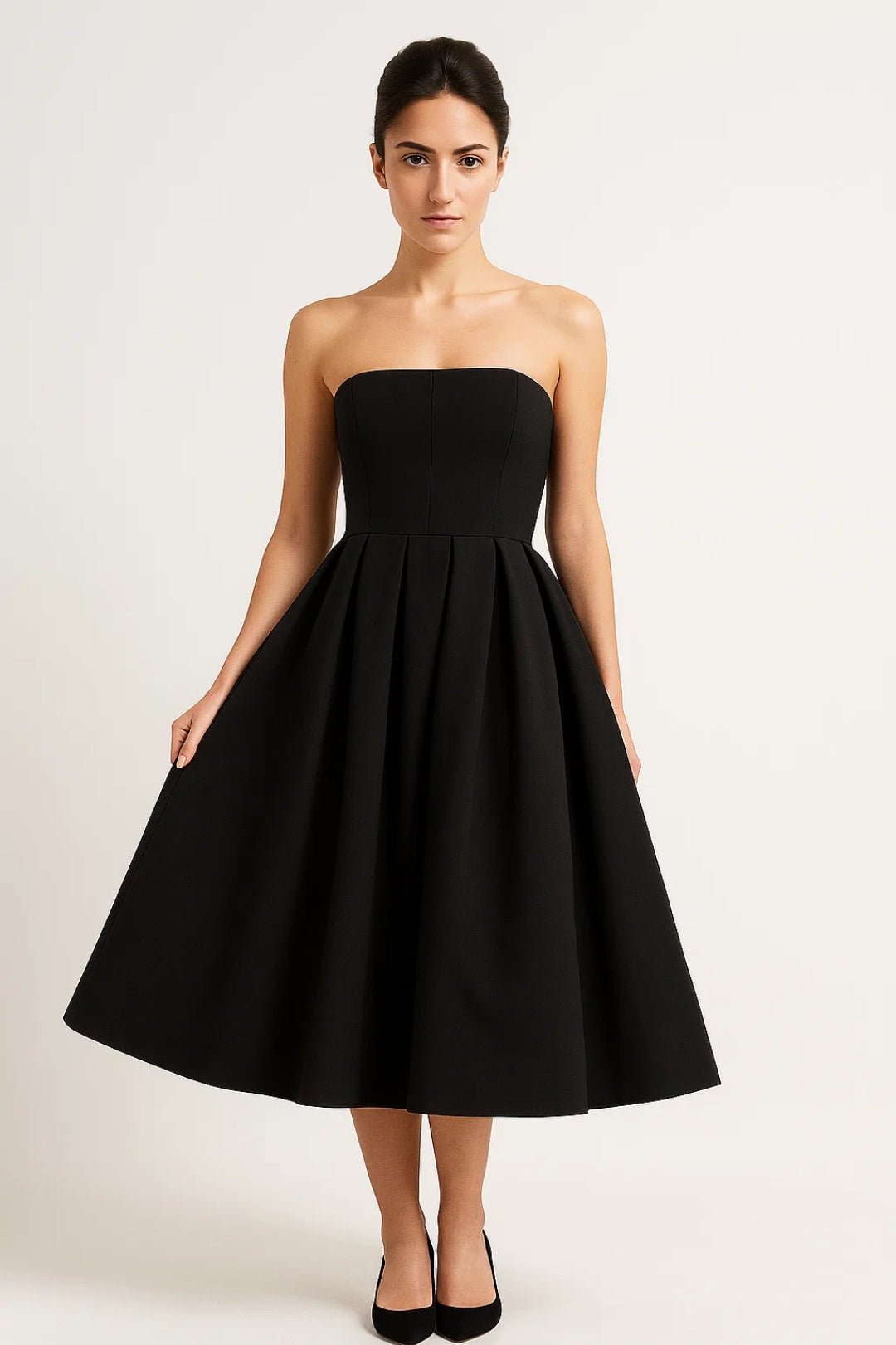 Women's Midi Dress — Strapless Fitted Bodice Flared Skirt Design - Hudson Harper - Women Midi Dress