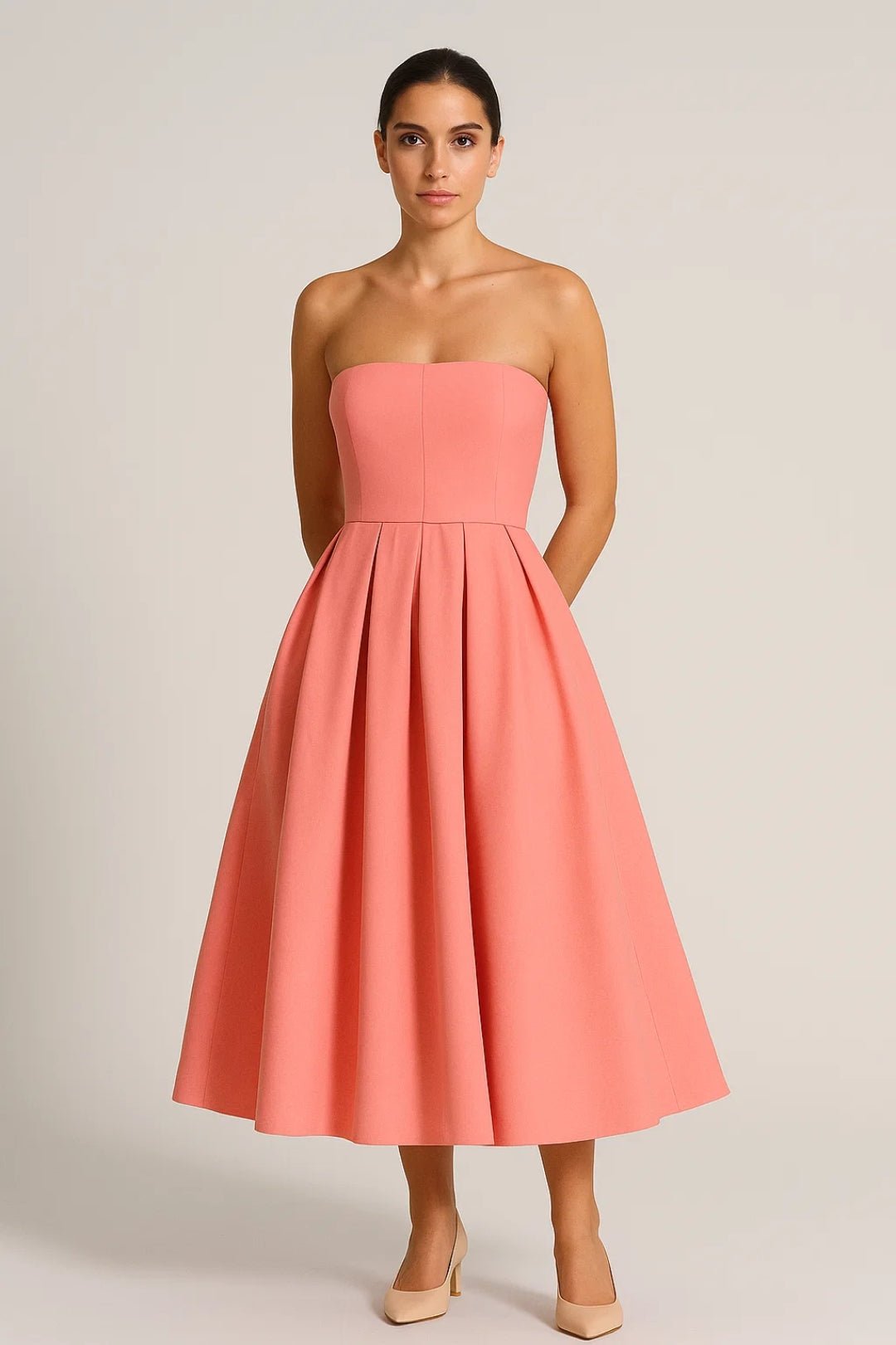 Women's Midi Dress — Strapless Fitted Bodice Flared Skirt Design - Hudson Harper - Women Midi Dress