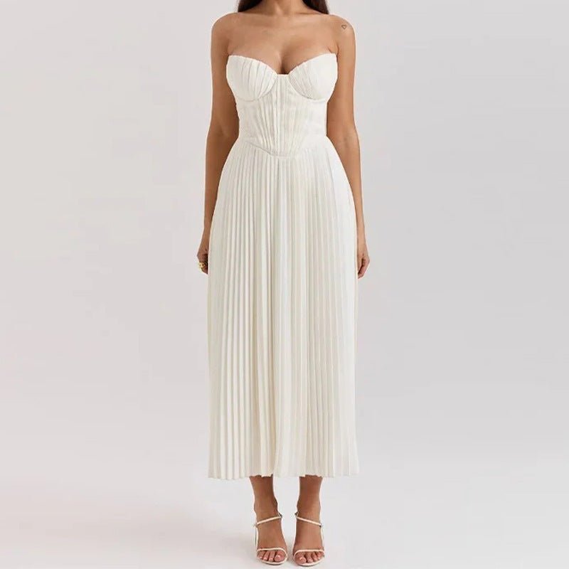 Women's Midi Dress — Strapless Sleeveless Pleated Bodice & Skirt - Hudson Harper - Women Midi Dress