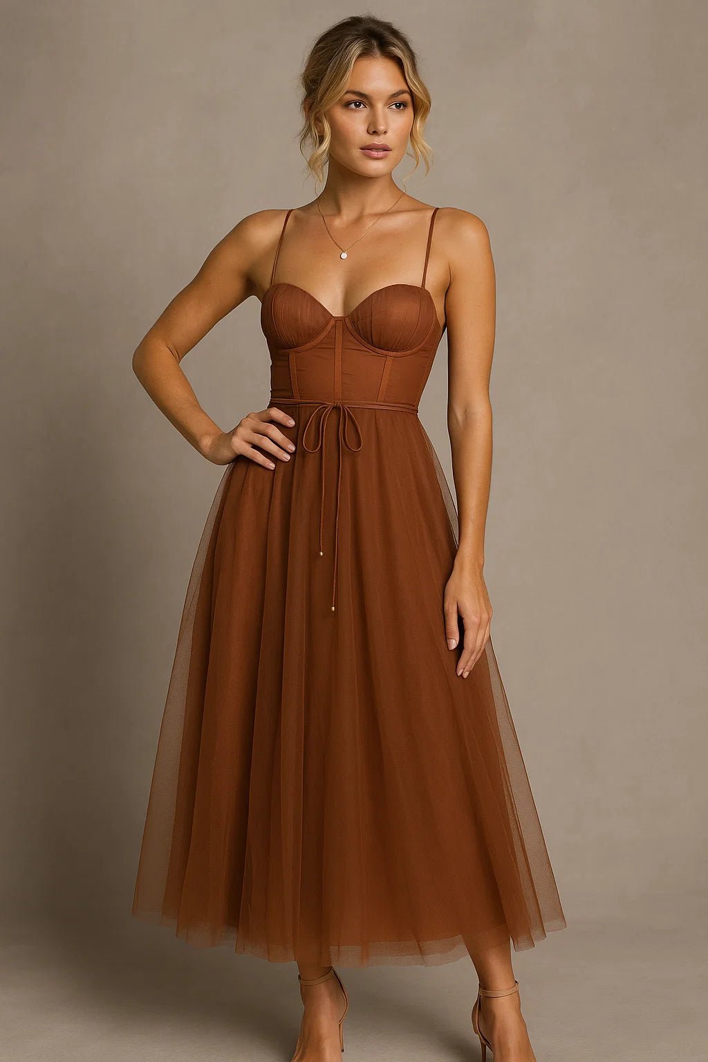 Women's Midi Gown — Corset Fit Spaghetti Strap Ruched Bust - Hudson Harper - Women Midi Dress