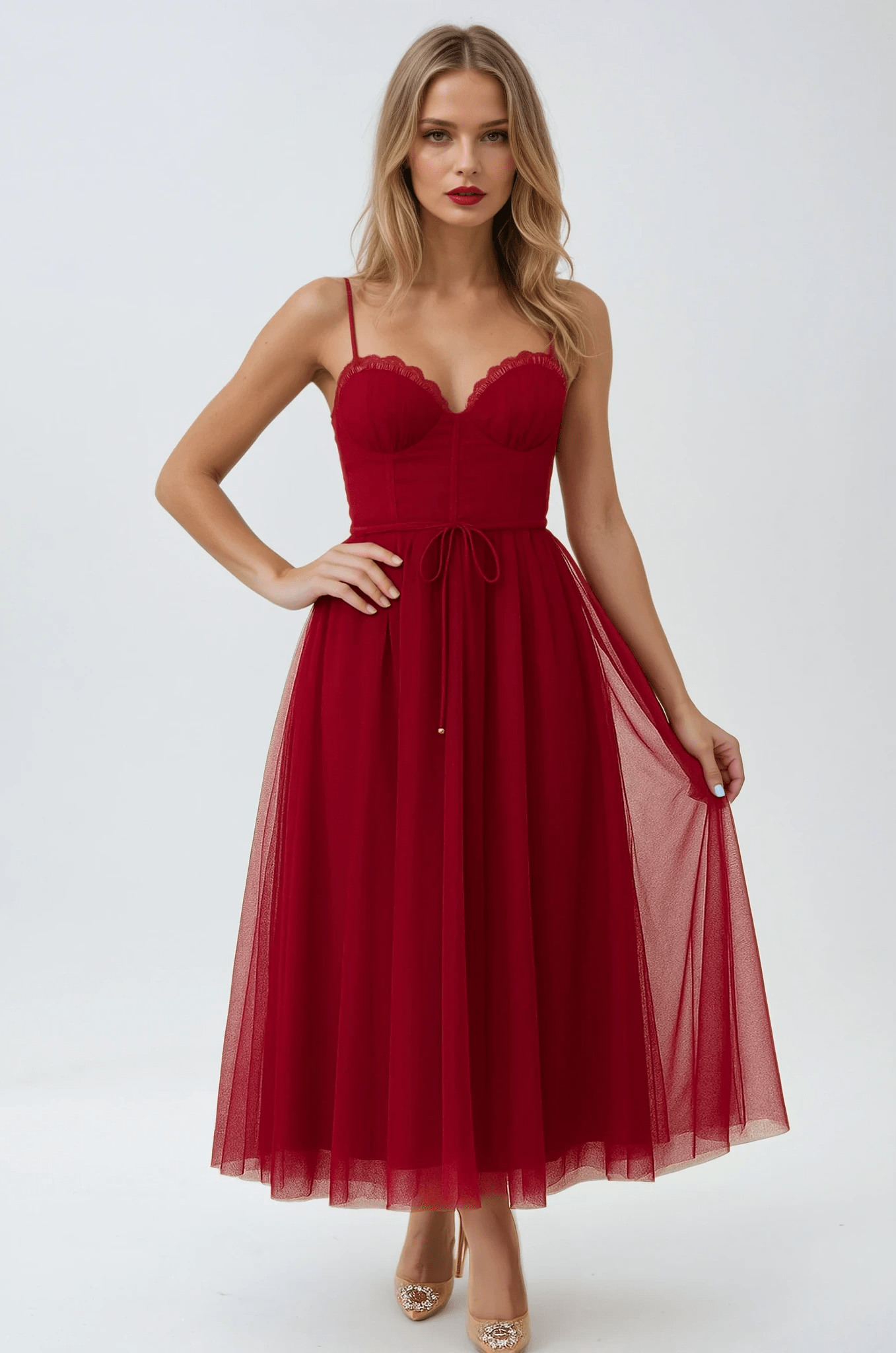 Women's Midi Gown — Corset Fit Spaghetti Strap Ruched Bust - Hudson Harper - Women Midi Dress