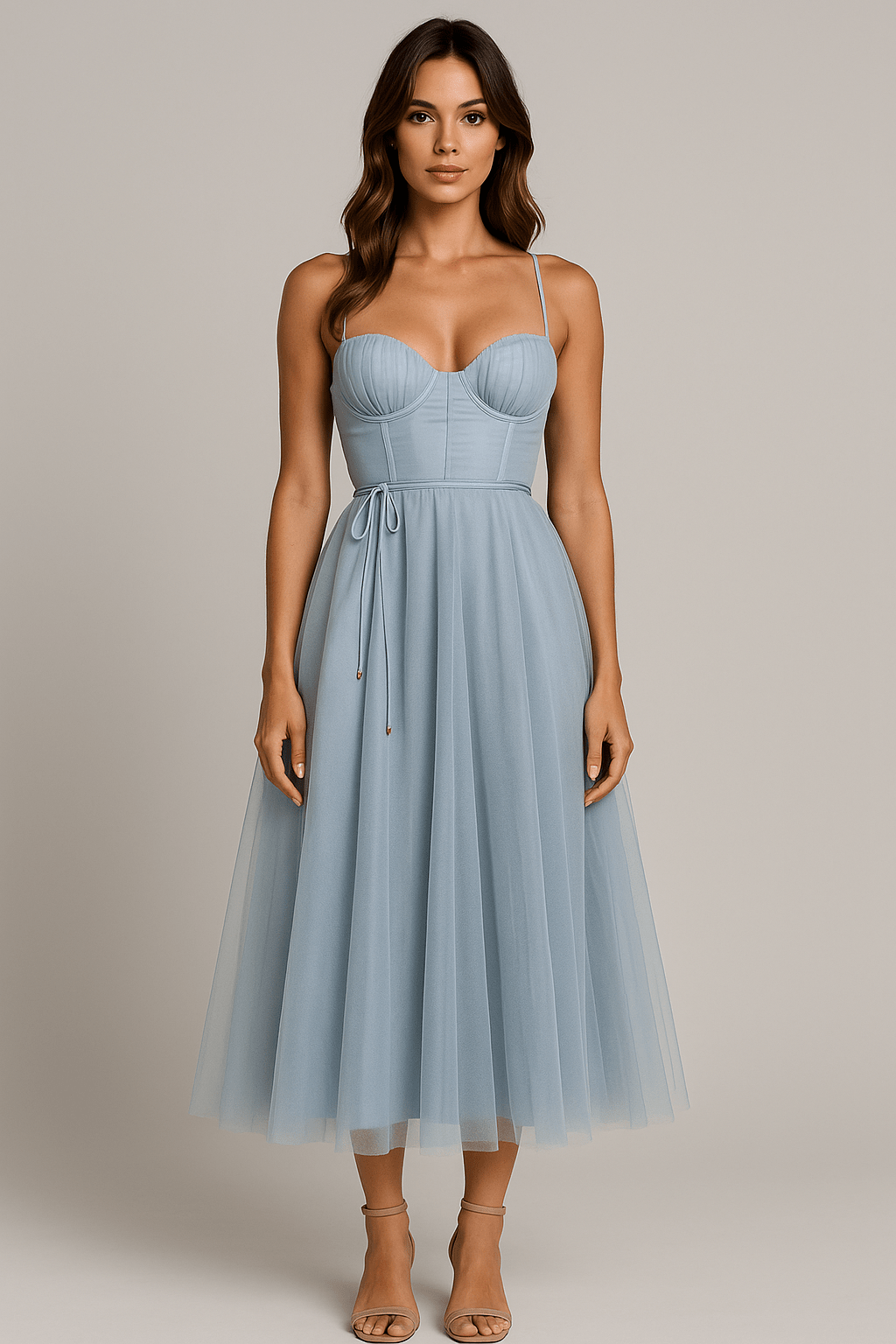 Women's Midi Gown — Corset Fit Spaghetti Strap Ruched Bust - Hudson Harper - Women Midi Dress
