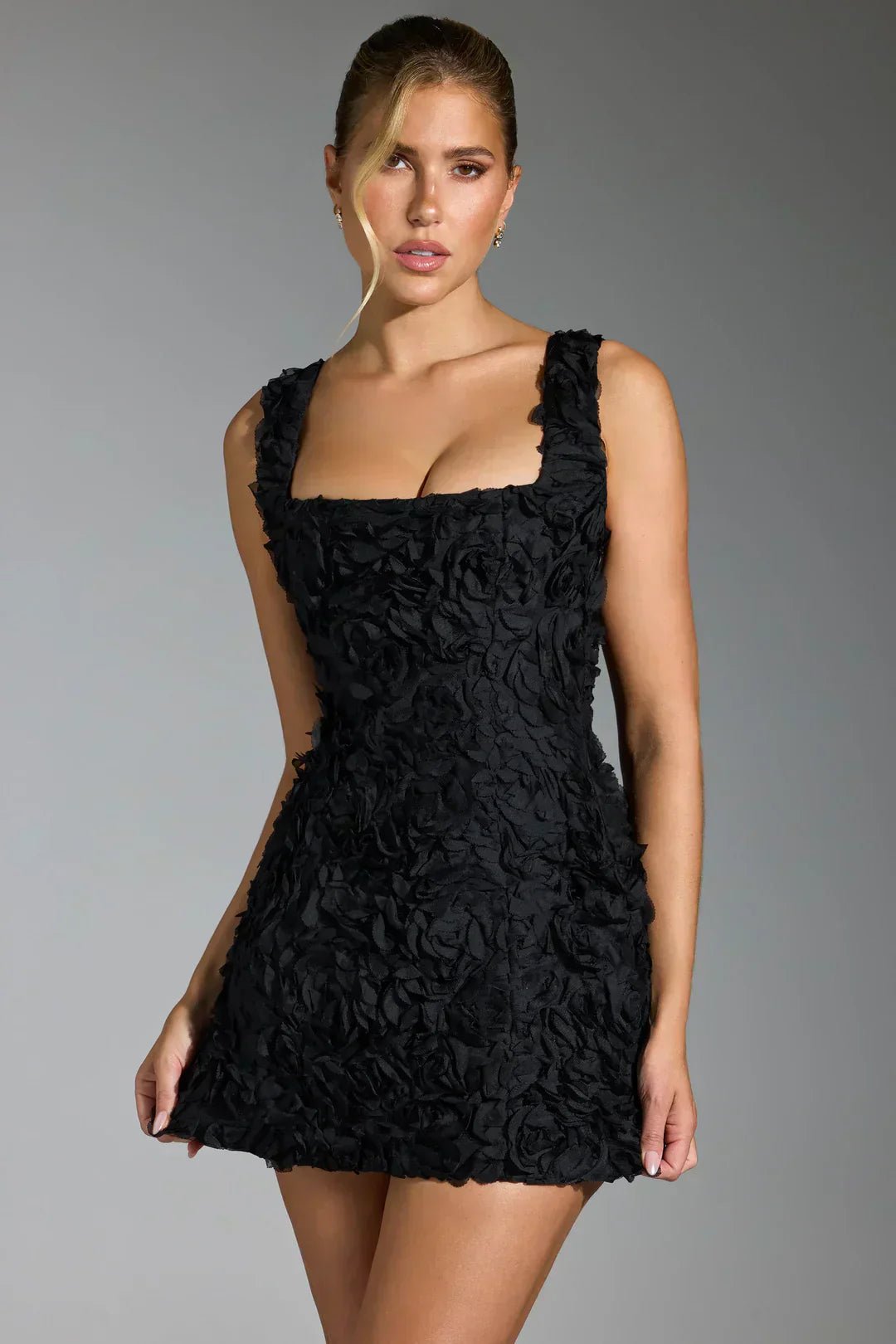 Women's Mini Dress — Bodycon Fit Square Neckline Long Sleeves - Hudson Harper - Women Mini Dress