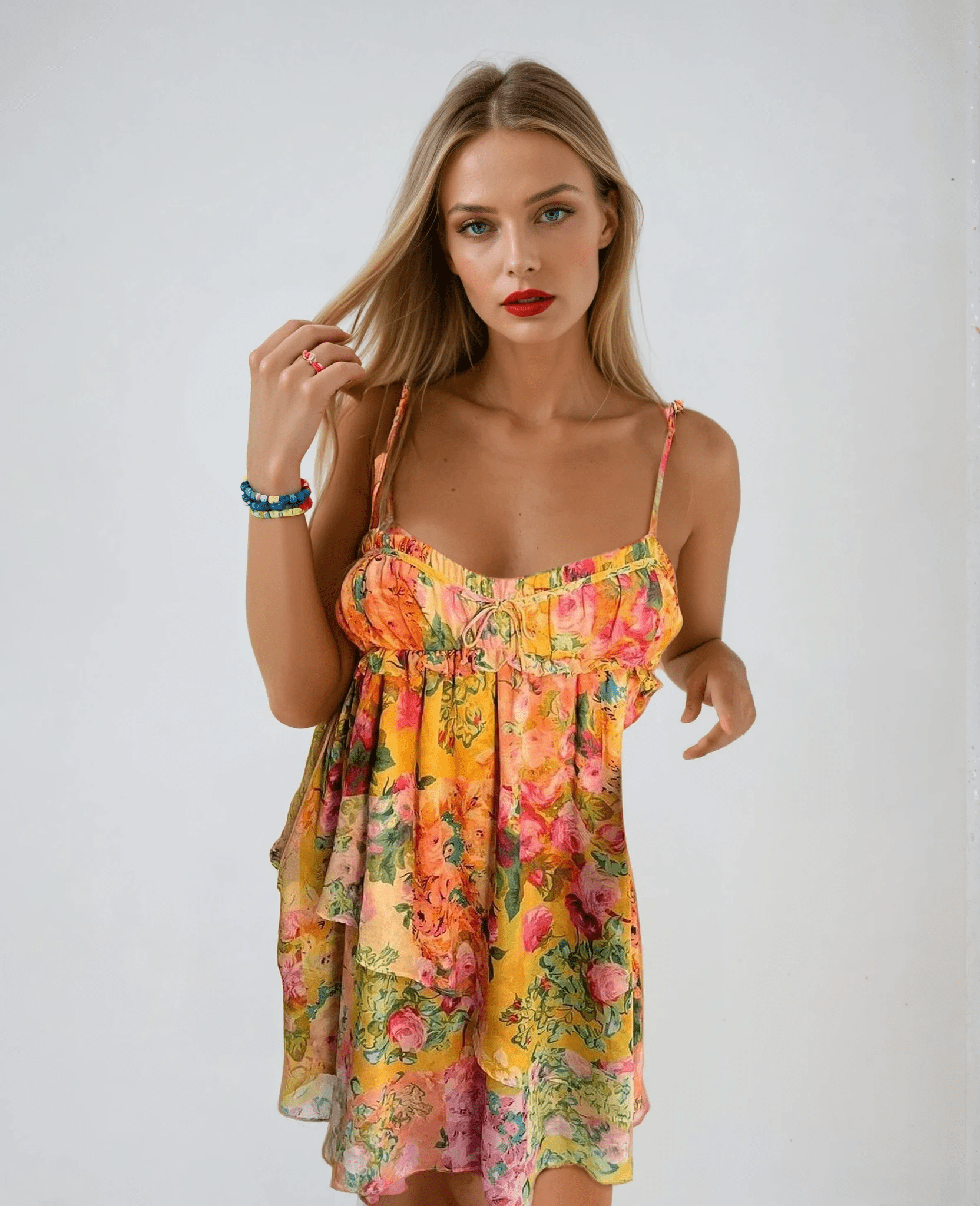 Women's Mini Dress — Floral Print Tiered Structure Summer Style - Hudson Harper - Women Mini Dress