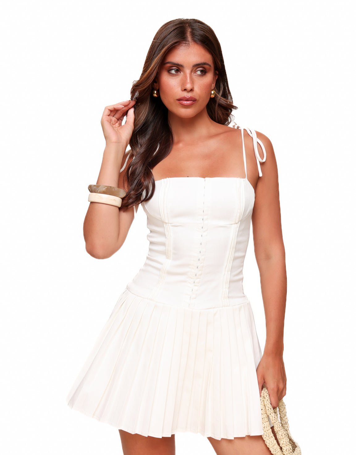 Women's Mini Dress — Pleated Skirt Sleeveless Tie Straps Design - Hudson Harper - Women Mini Dress