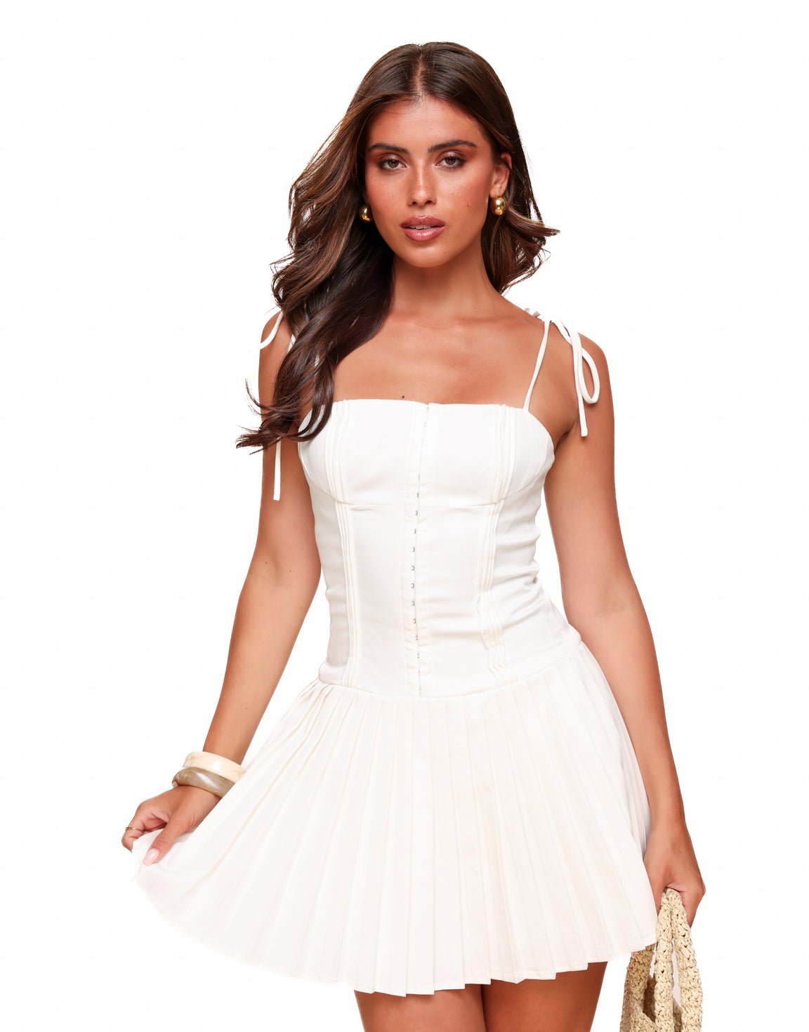 Women's Mini Dress — Pleated Skirt Sleeveless Tie Straps Design - Hudson Harper - Women Mini Dress