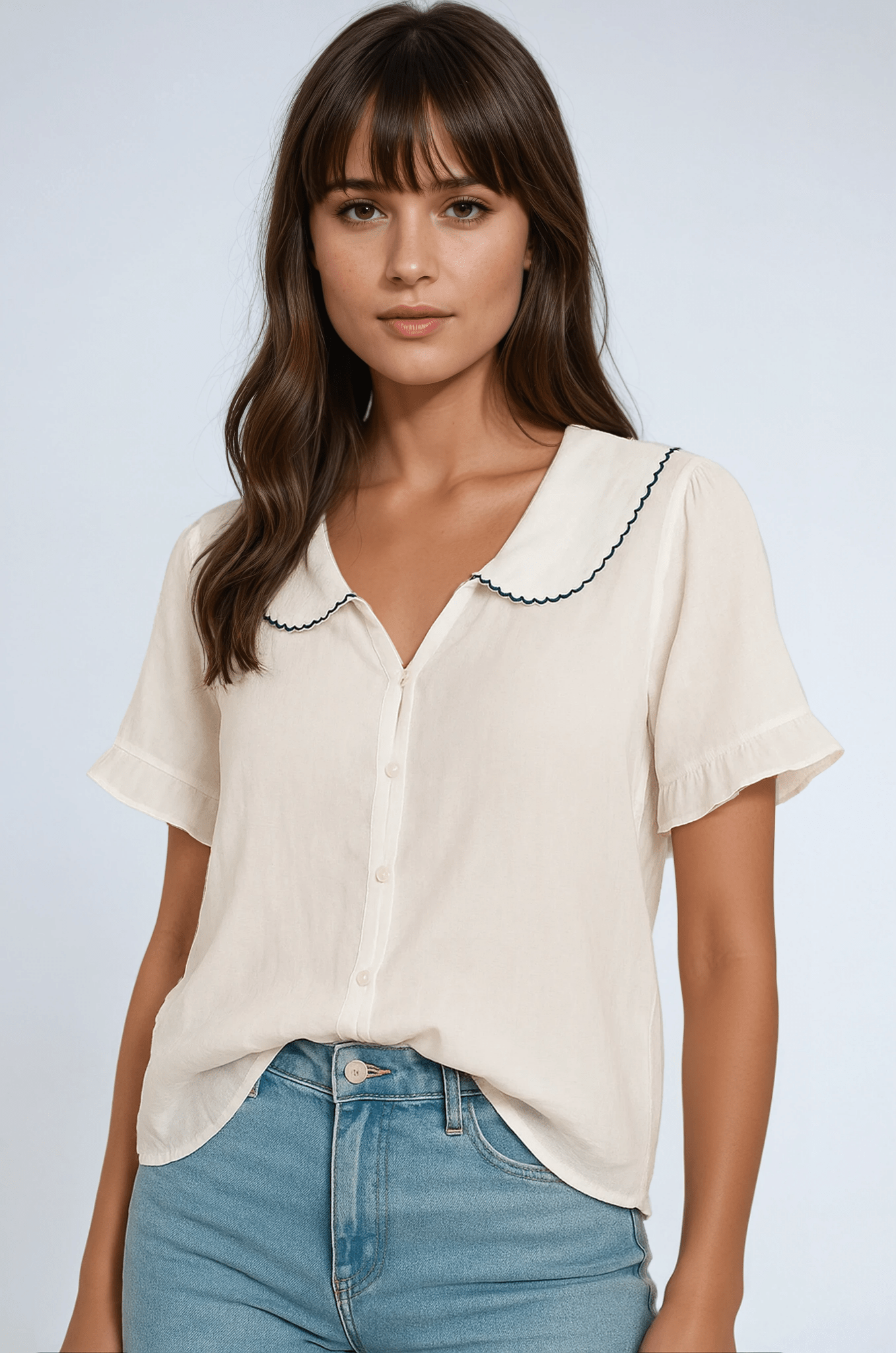 Women's Shirt — Button - Up Doll Collar Scalloped Sleeves - Hudson Harper - Women Top