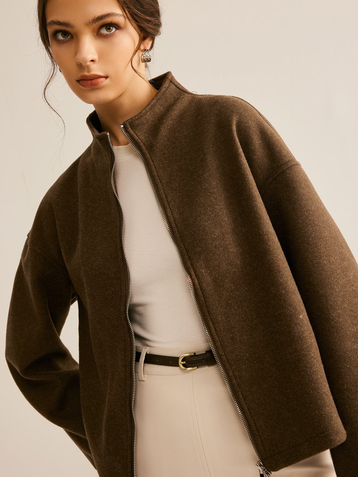 Women's Short Coat — Stand - Up Collar Zipper Closure Design - Hudson Harper - Women Coat