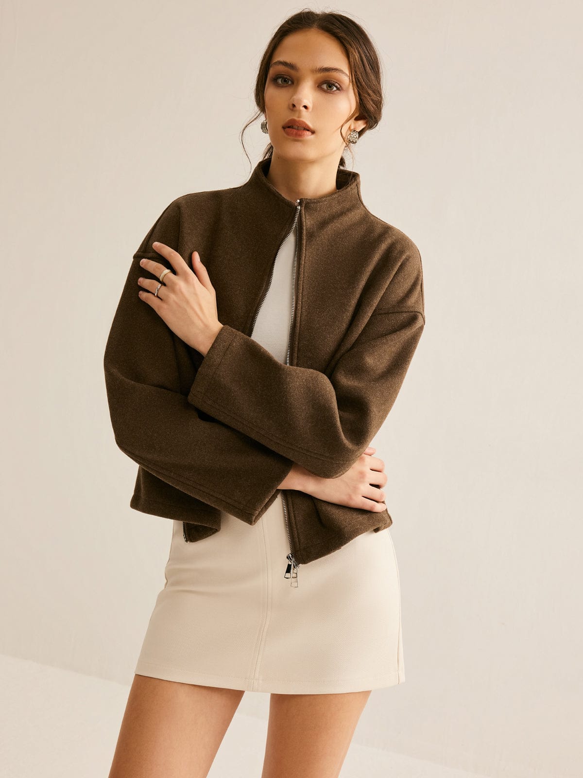 Women's Short Coat — Stand - Up Collar Zipper Closure Design - Hudson Harper - Women Coat