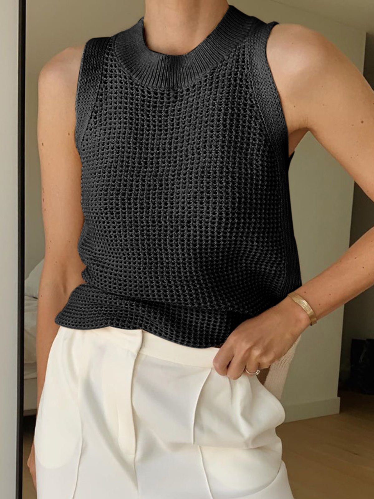 Women's Tank Top — Sleeveless Openwork Ribbed Collar Detail - Hudson Harper - Women Top