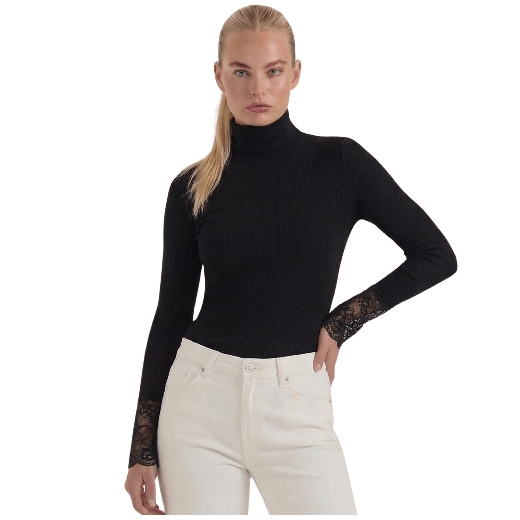 Women's Top — Fitted Roll Neck Long Sleeve Lace Cuffs - Hudson Harper - Women Top
