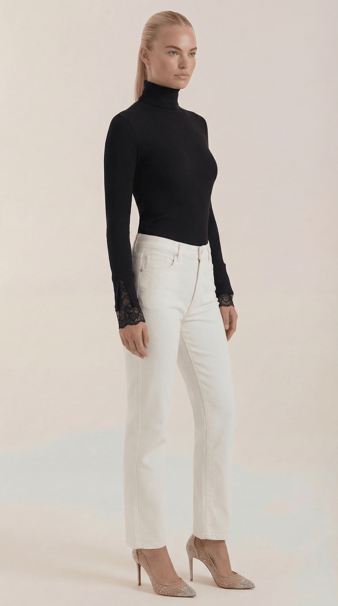 Women's Top — Fitted Roll Neck Long Sleeve Lace Cuffs - Hudson Harper - Women Top
